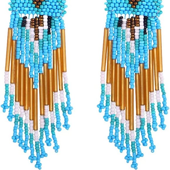 Long 6" Turquoise Southwestern Handmade Beaded Tribal Earrings New Oversized - Picture 3 of 4